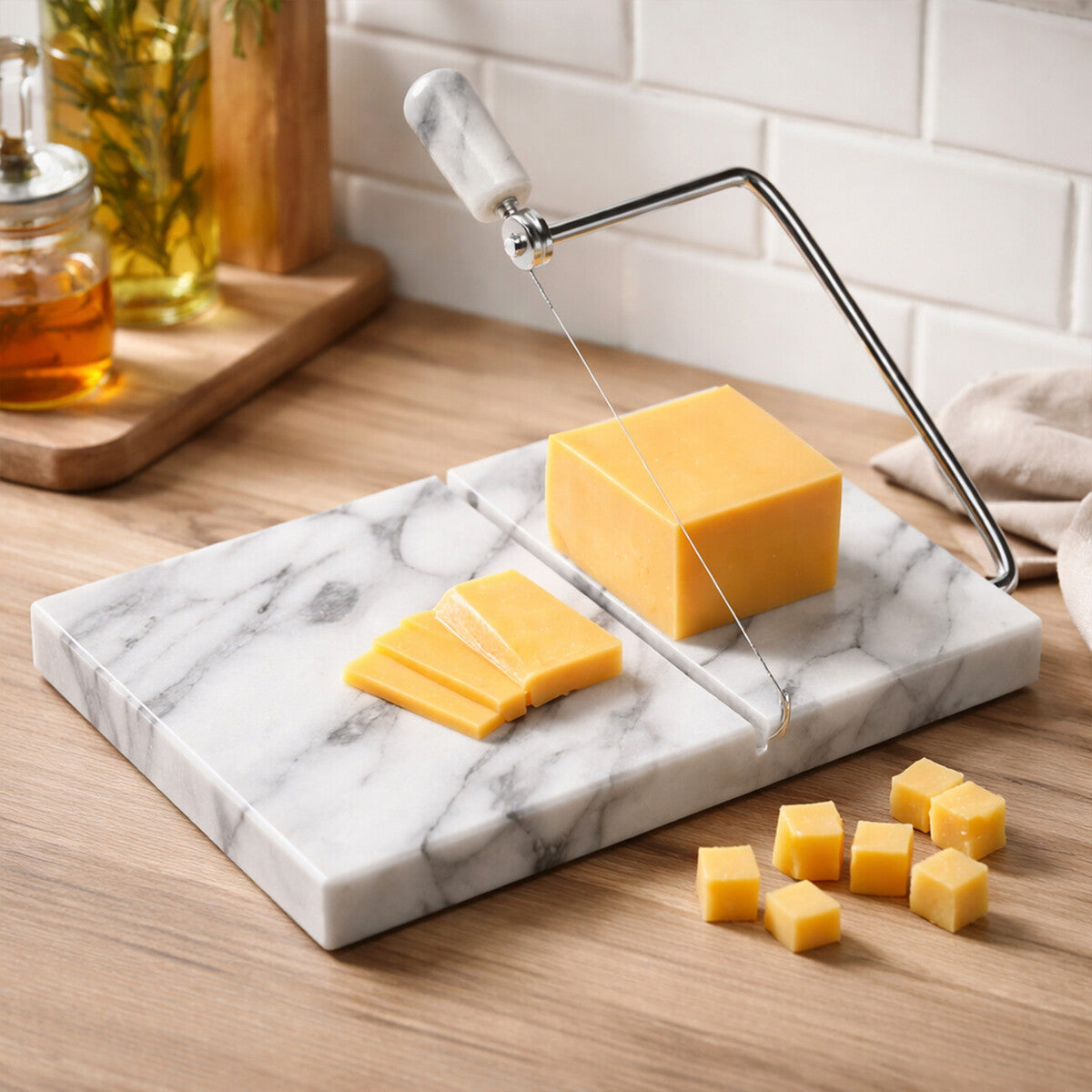 White Marble Cheese Board with Built-In Slicer