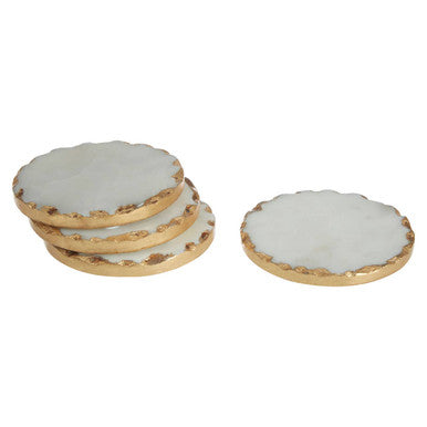 Set of 4 Round White Marble Coasters with Gold Rim