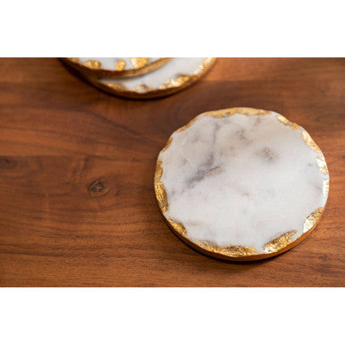 Set of 4 Round White Marble Coasters with Gold Rim