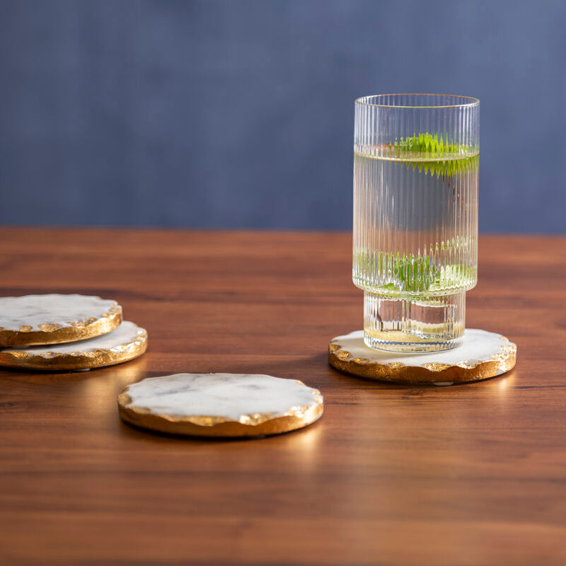 Set of 4 Round White Marble Coasters with Gold Rim