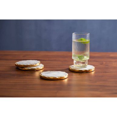 Set of 4 Round White Marble Coasters with Gold Rim