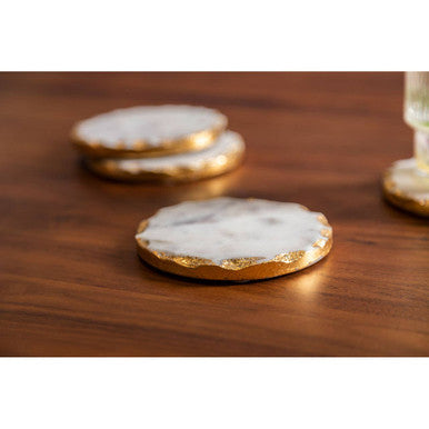 Set of 4 Round White Marble Coasters with Gold Rim