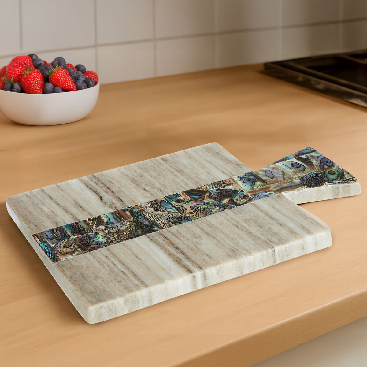 Small Beige Marble Paddle Board with Paua Shell Stripe