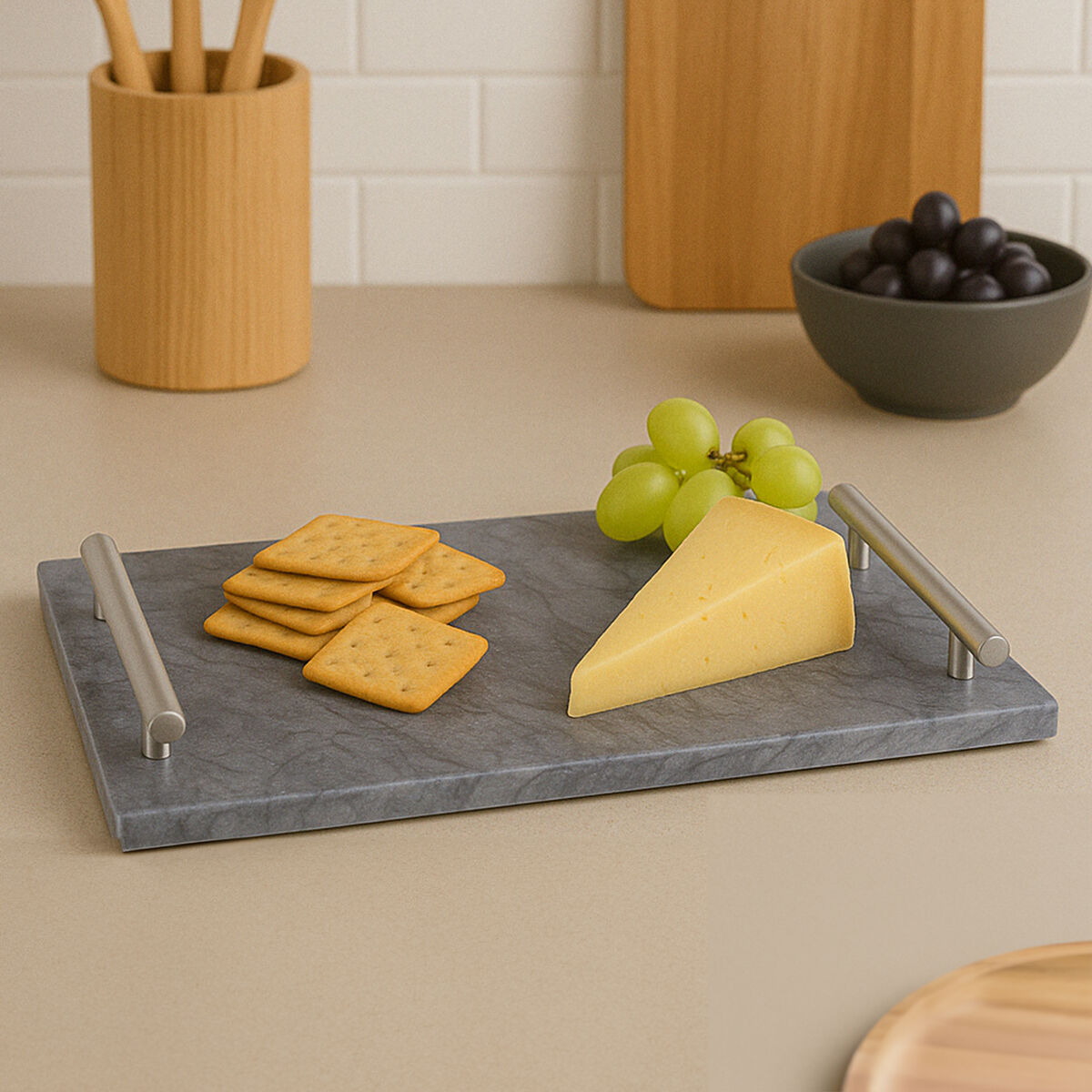 Black Marble Serving Board with Silver Handles