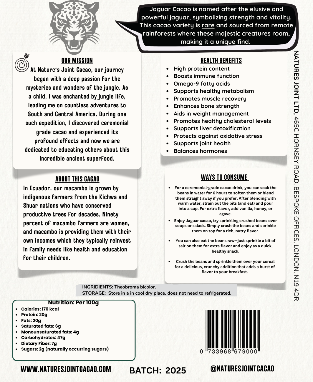 White Jaguar Cacao Beans Ceremonial Grade 100g