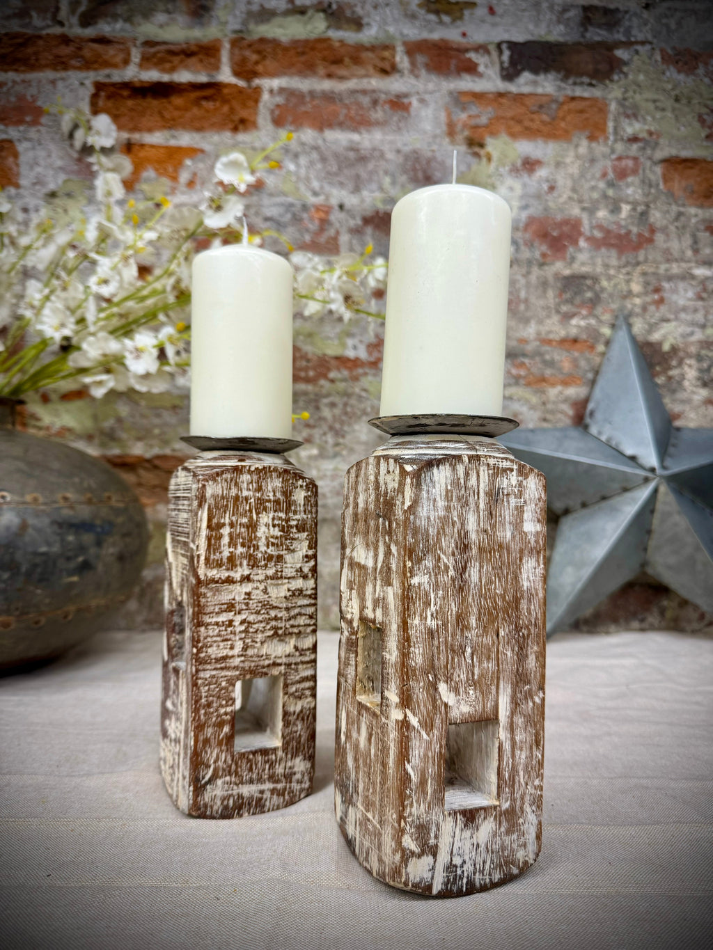 Pair of Rustic Wooden Candle Holders Large Church Candlesticks