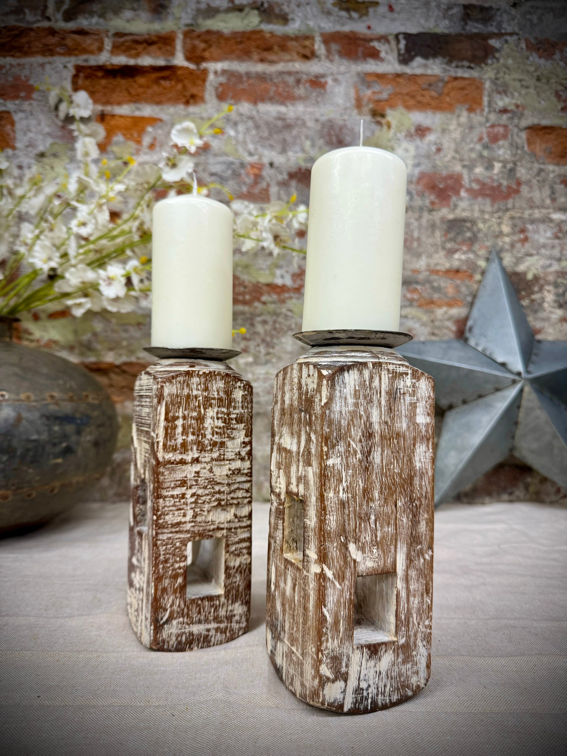 Pair of Rustic Wooden Candle Holders Large Church Candlesticks