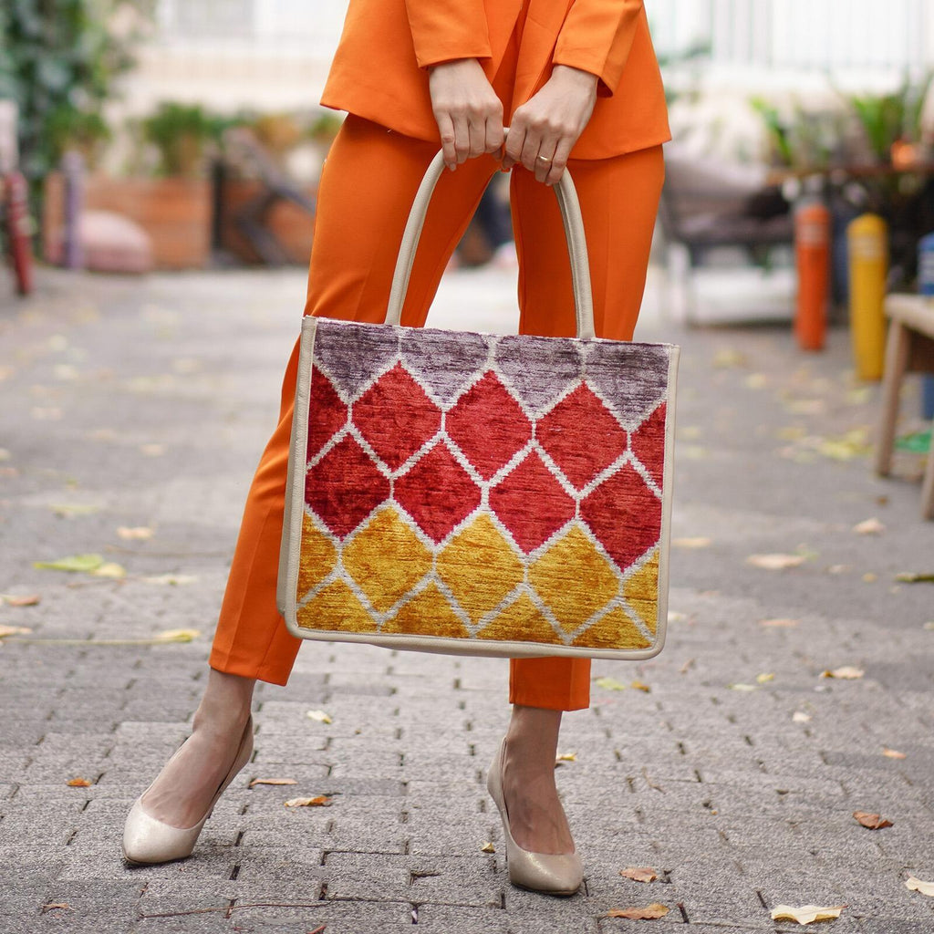 Luxurious Rachel Large Tote Bag – Silk & Leather Elegance by Jkel at www.brixbailey.com