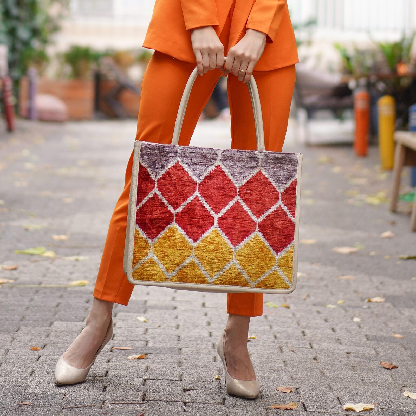 Luxurious Rachel Large Tote Bag – Silk & Leather Elegance by Jkel at www.brixbailey.com