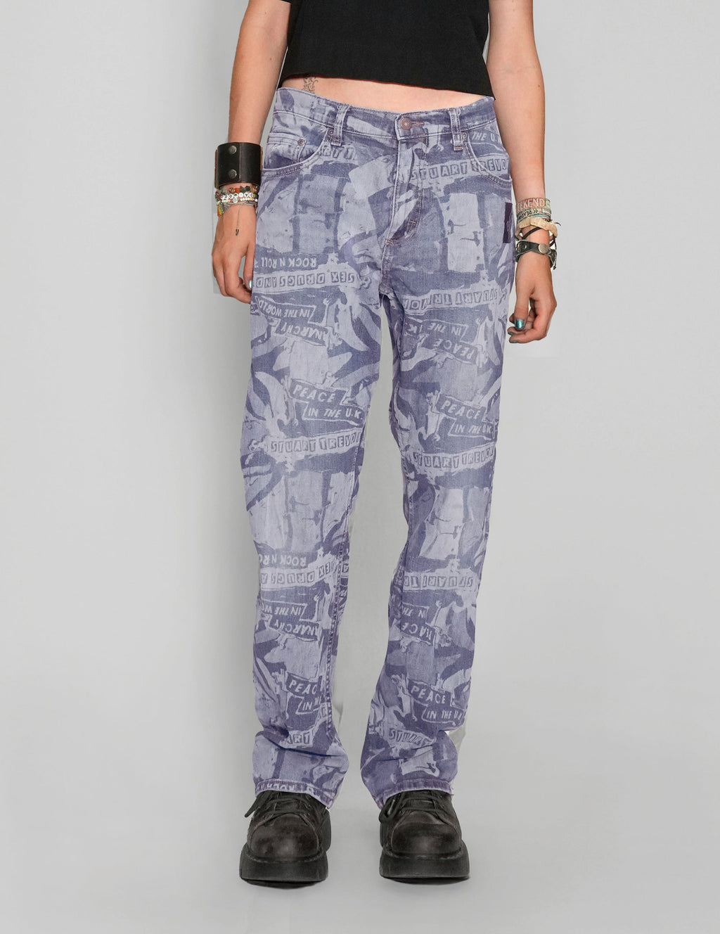 Peace Laser Print Jeans in Light Blue