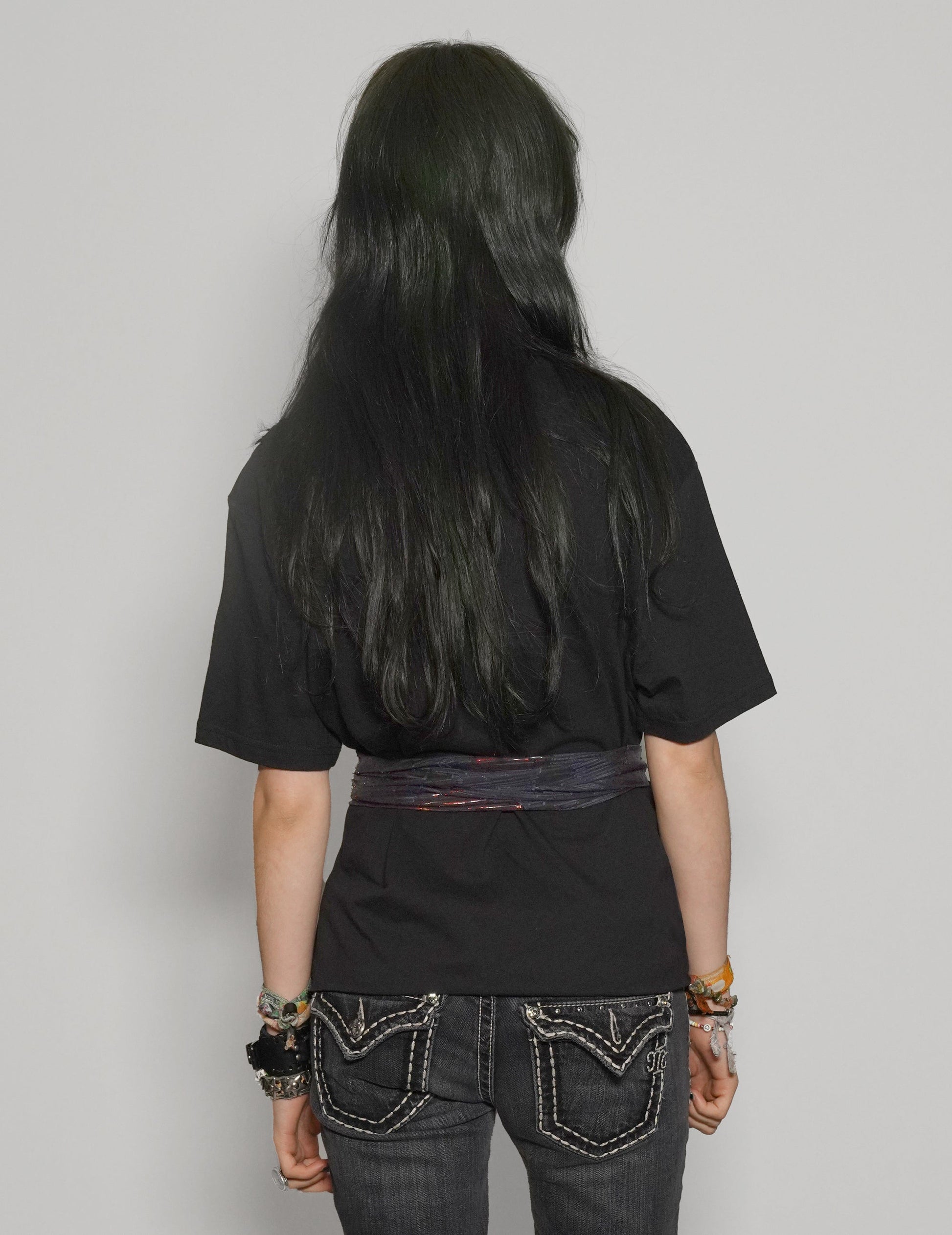 Black Cropped Tie Tee with Blue and Gold Silk Sequin Detail