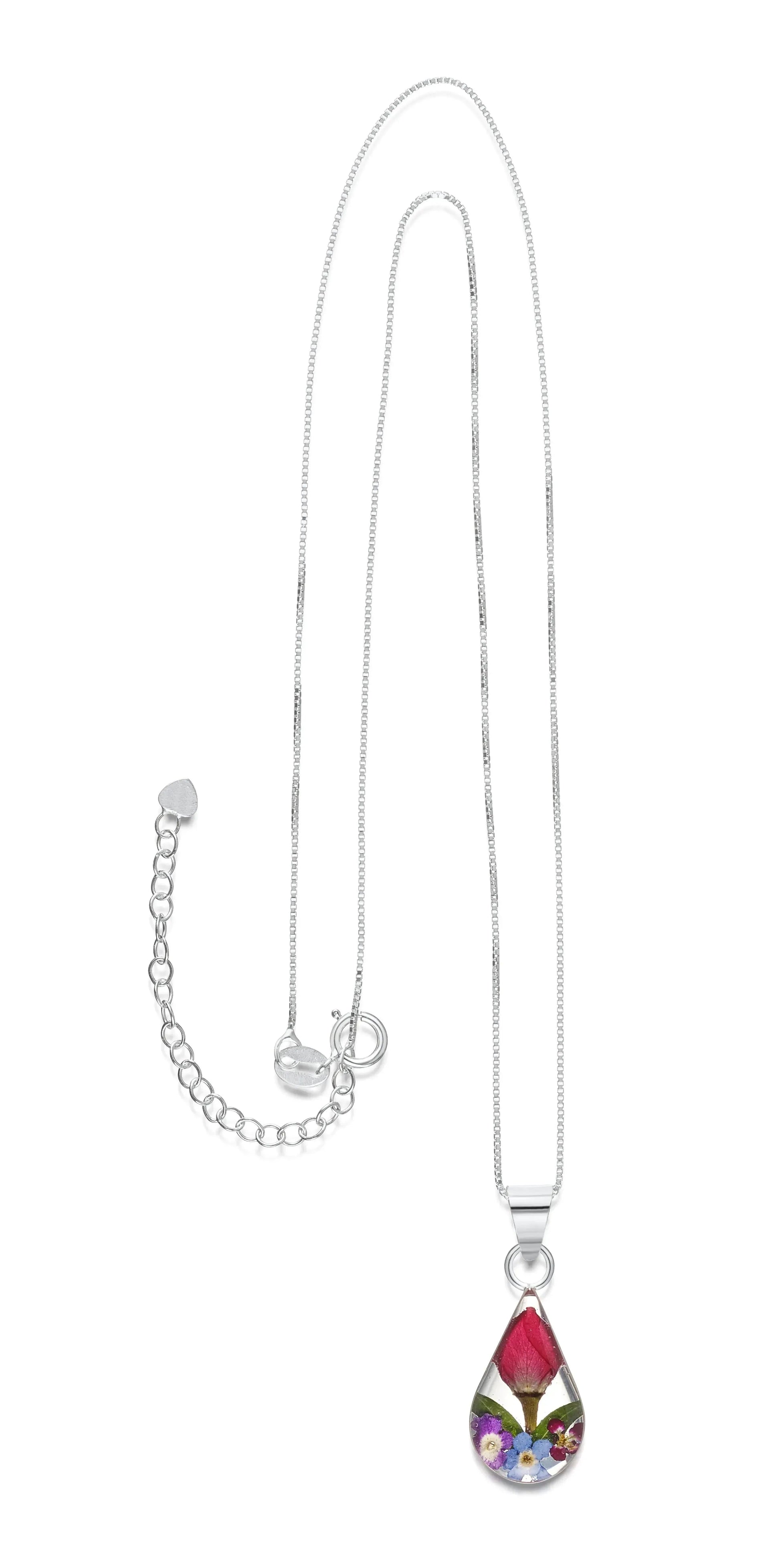 Sterling Silver Teardrop Necklace with Real Flowers