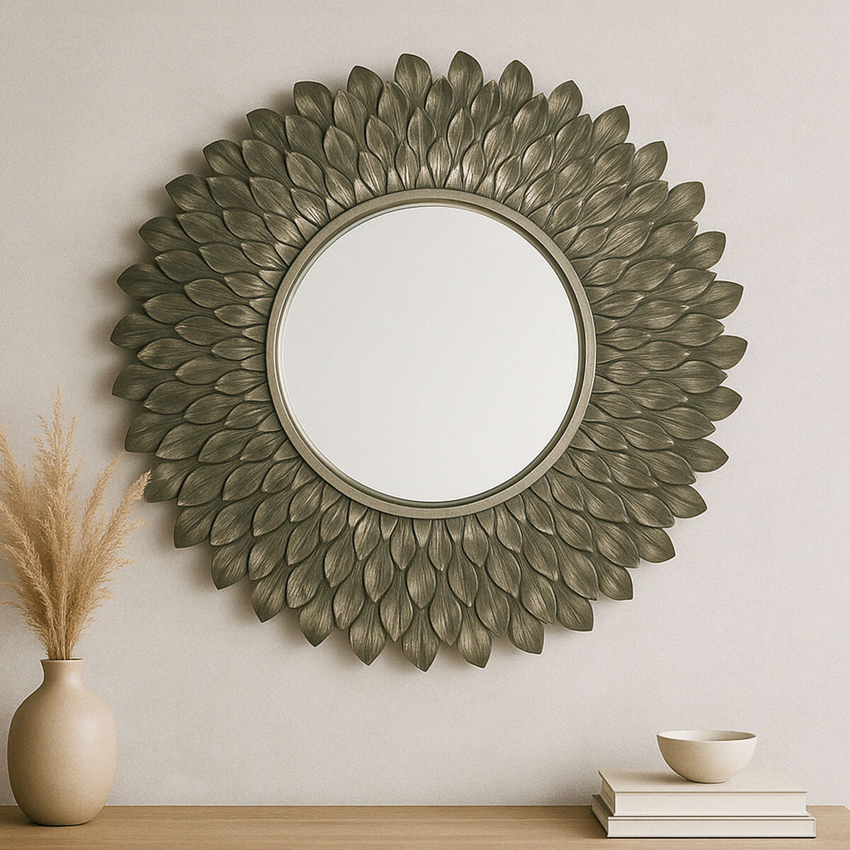 Grey Wall Mirror with Layered Iron Leaves