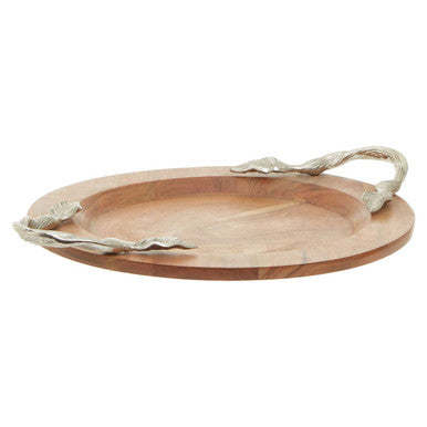 Small Round Acacia Wood Serving Tray with Aluminium Handles