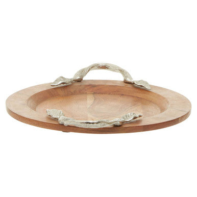 Small Round Acacia Wood Serving Tray with Aluminium Handles