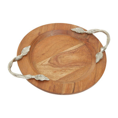 Small Round Acacia Wood Serving Tray with Aluminium Handles