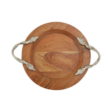 Small Round Acacia Wood Serving Tray with Aluminium Handles
