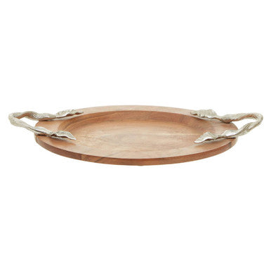 Small Round Acacia Wood Serving Tray with Aluminium Handles