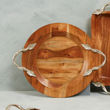 Small Round Acacia Wood Serving Tray with Aluminium Handles