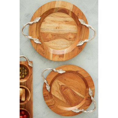 Small Round Acacia Wood Serving Tray with Aluminium Handles