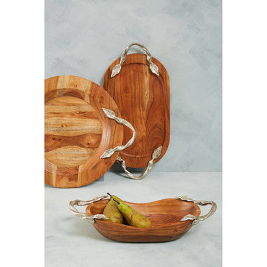 Small Round Acacia Wood Serving Tray with Aluminium Handles