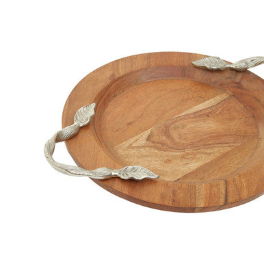 Small Round Acacia Wood Serving Tray with Aluminium Handles