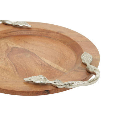 Small Round Acacia Wood Serving Tray with Aluminium Handles