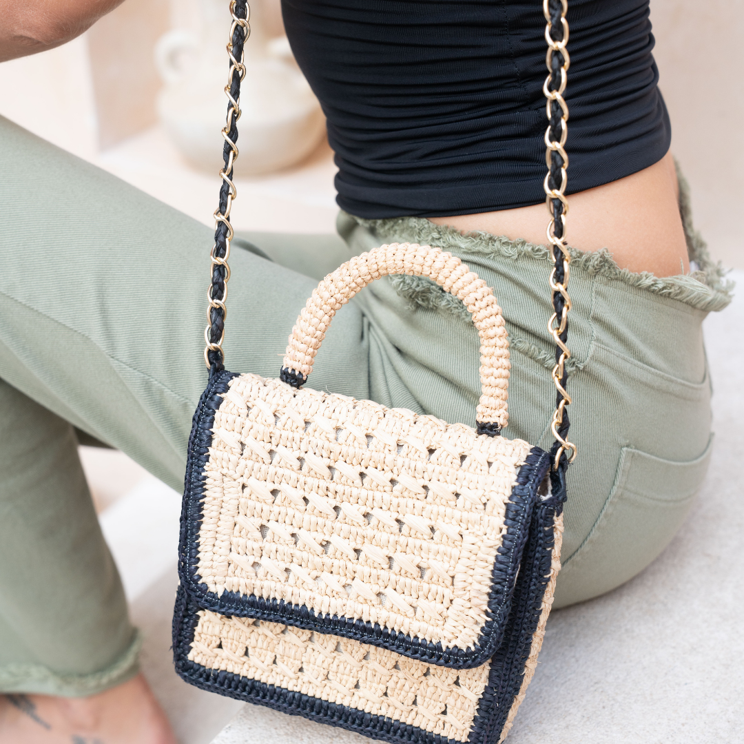 Handwoven Raffia Bag with Chain Strap