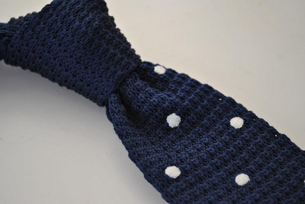 Navy Blue Knitted Tie with White Polka Dots