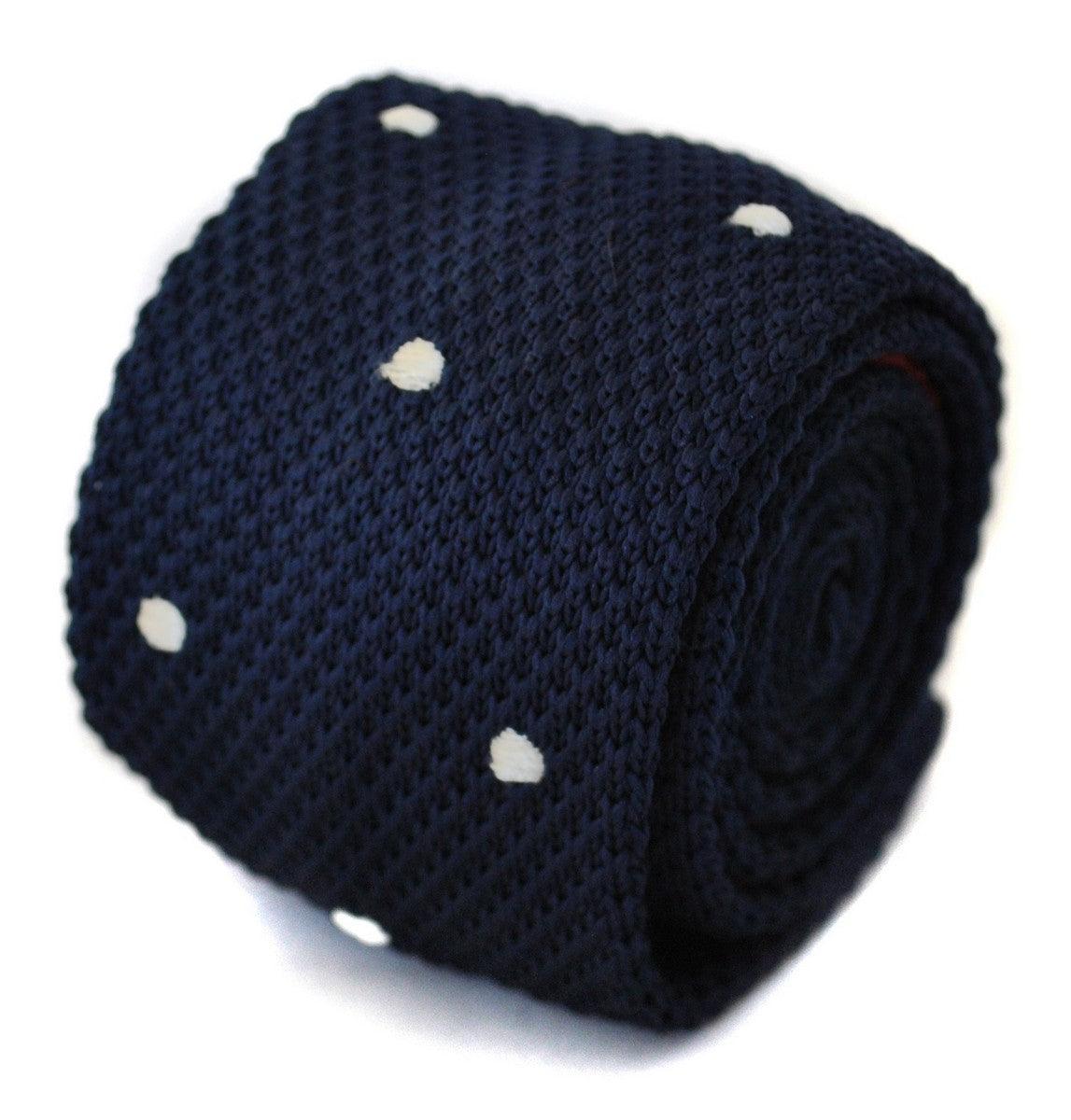 Navy Blue Knitted Tie with White Polka Dots