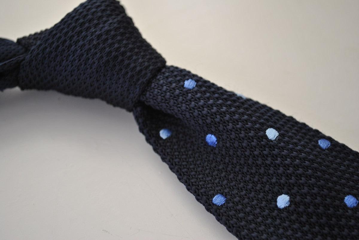 Navy Blue Skinny Knitted Tie with Light Blue Polka Dots