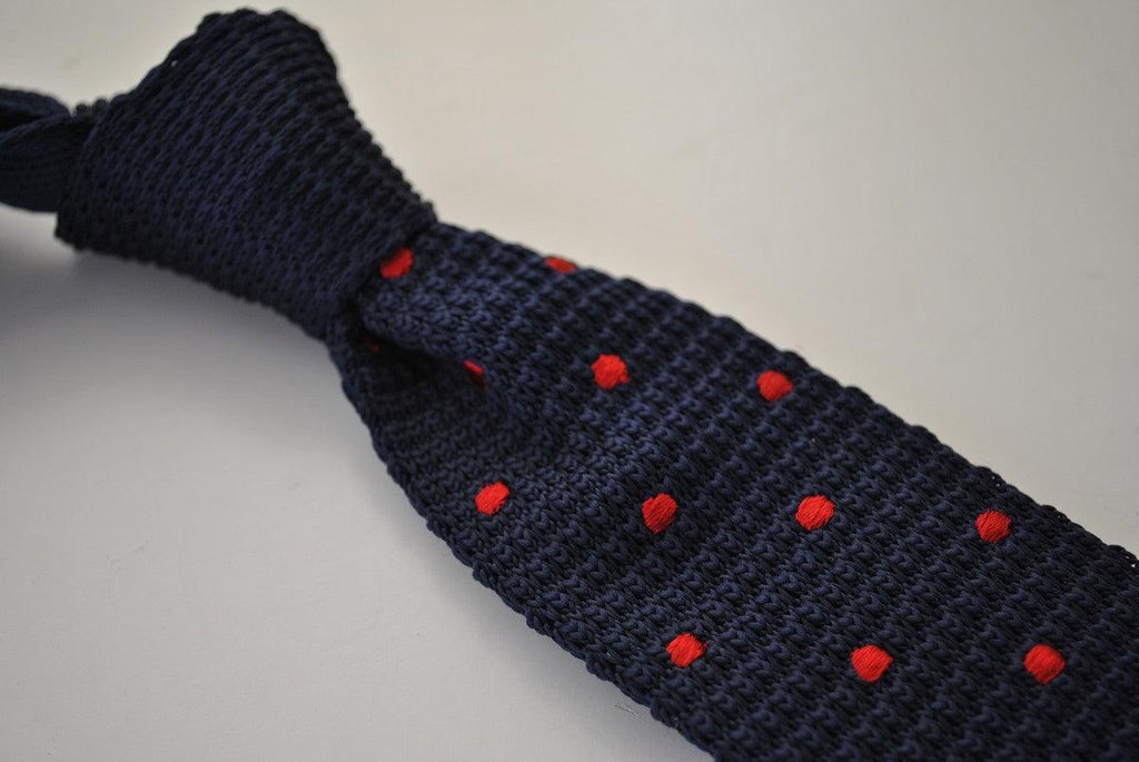 Navy Blue Skinny Knitted Tie with Red Polka Dots