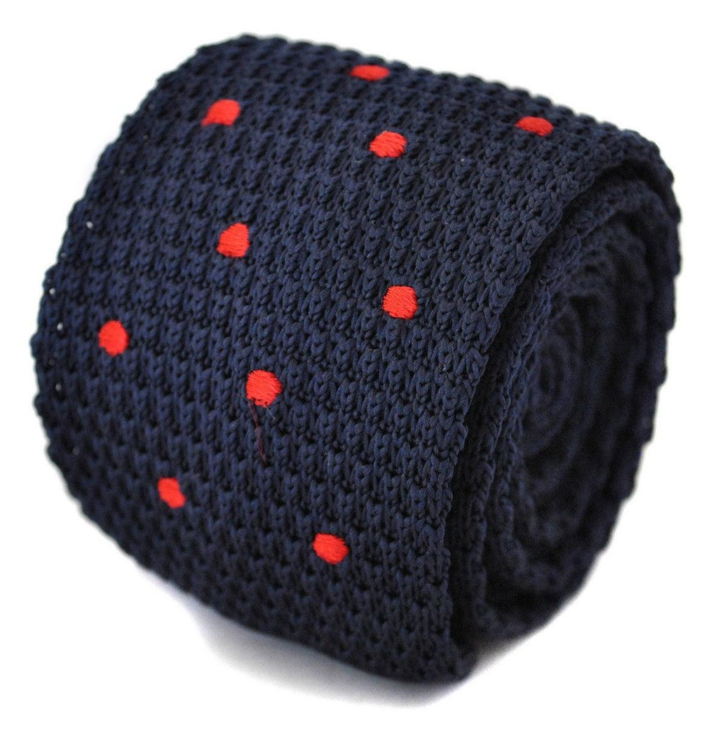 Navy Blue Skinny Knitted Tie with Red Polka Dots