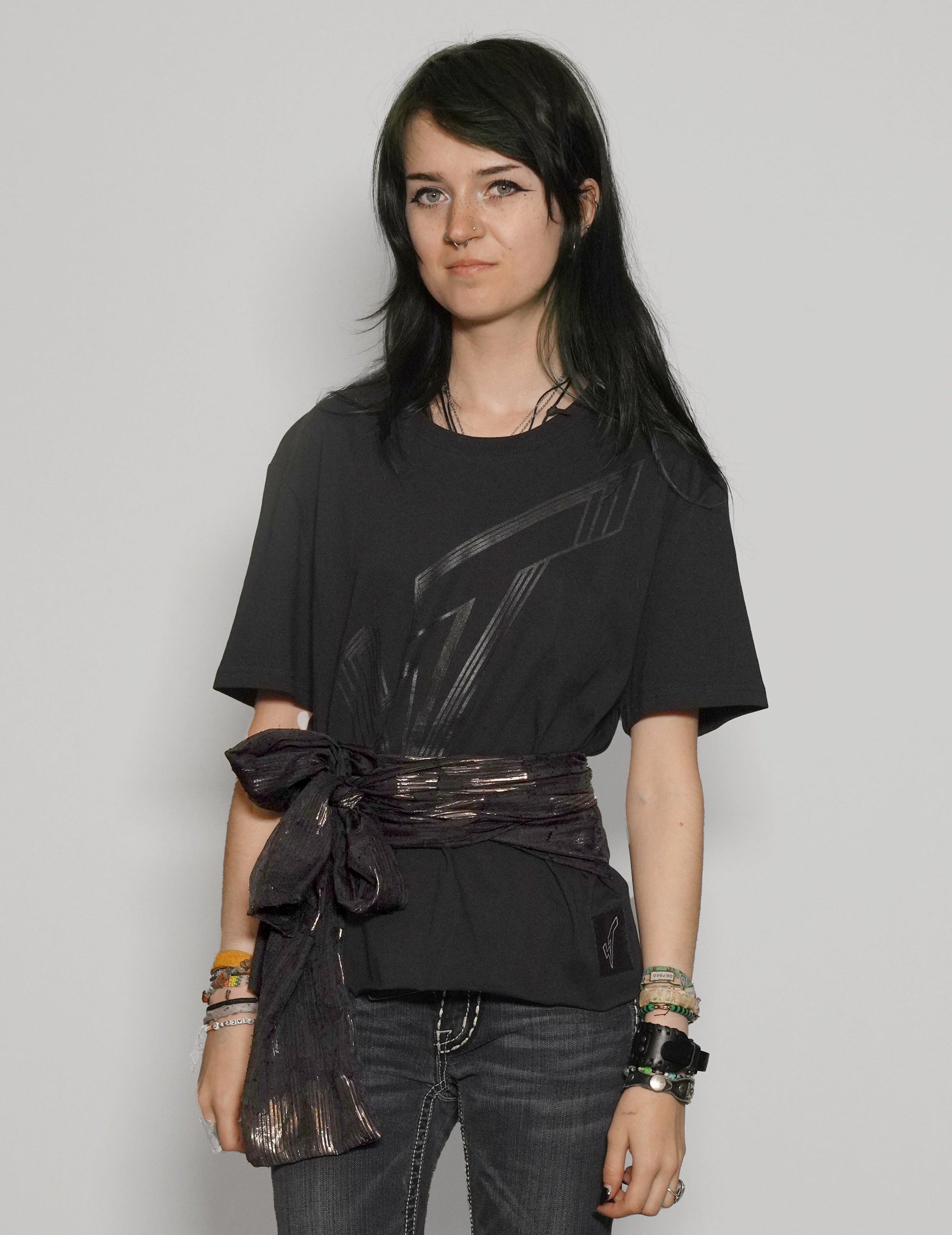 Black Cropped Tee with Silk Tie Detail