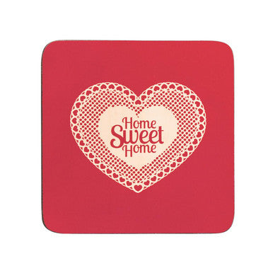 Set of Four Cork Coasters Home Sweet Home Red