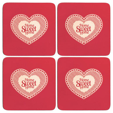Set of Four Cork Coasters Home Sweet Home Red