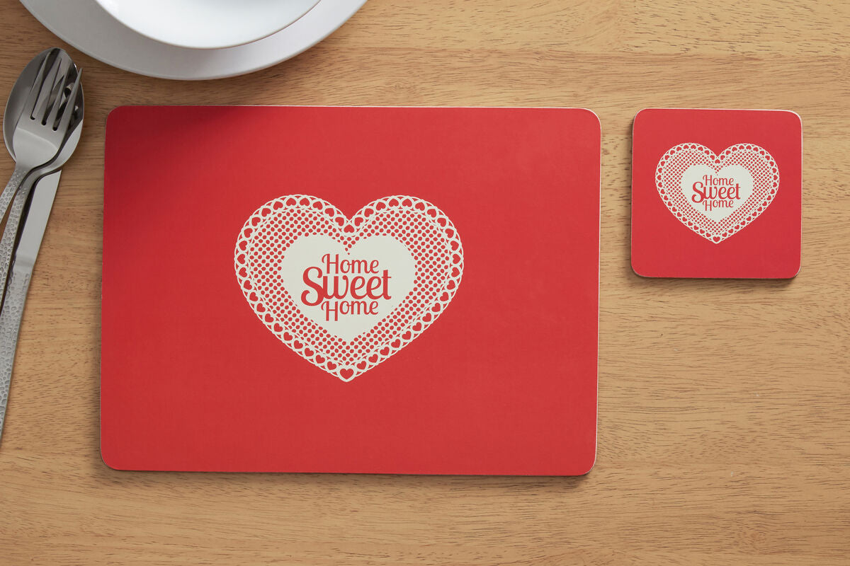 Set of Four Cork Coasters Home Sweet Home Red