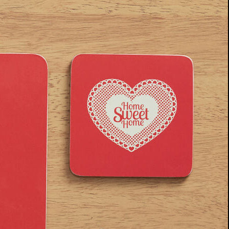 Set of Four Cork Coasters Home Sweet Home Red