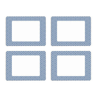 Set of Four Blue Placemats with Stars and Geometric Shapes