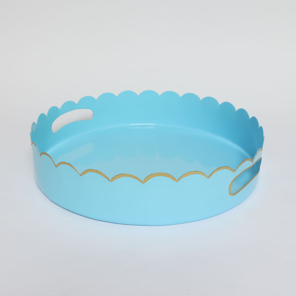 Blue Scalloped Metal Serving Tray with Gold Trim