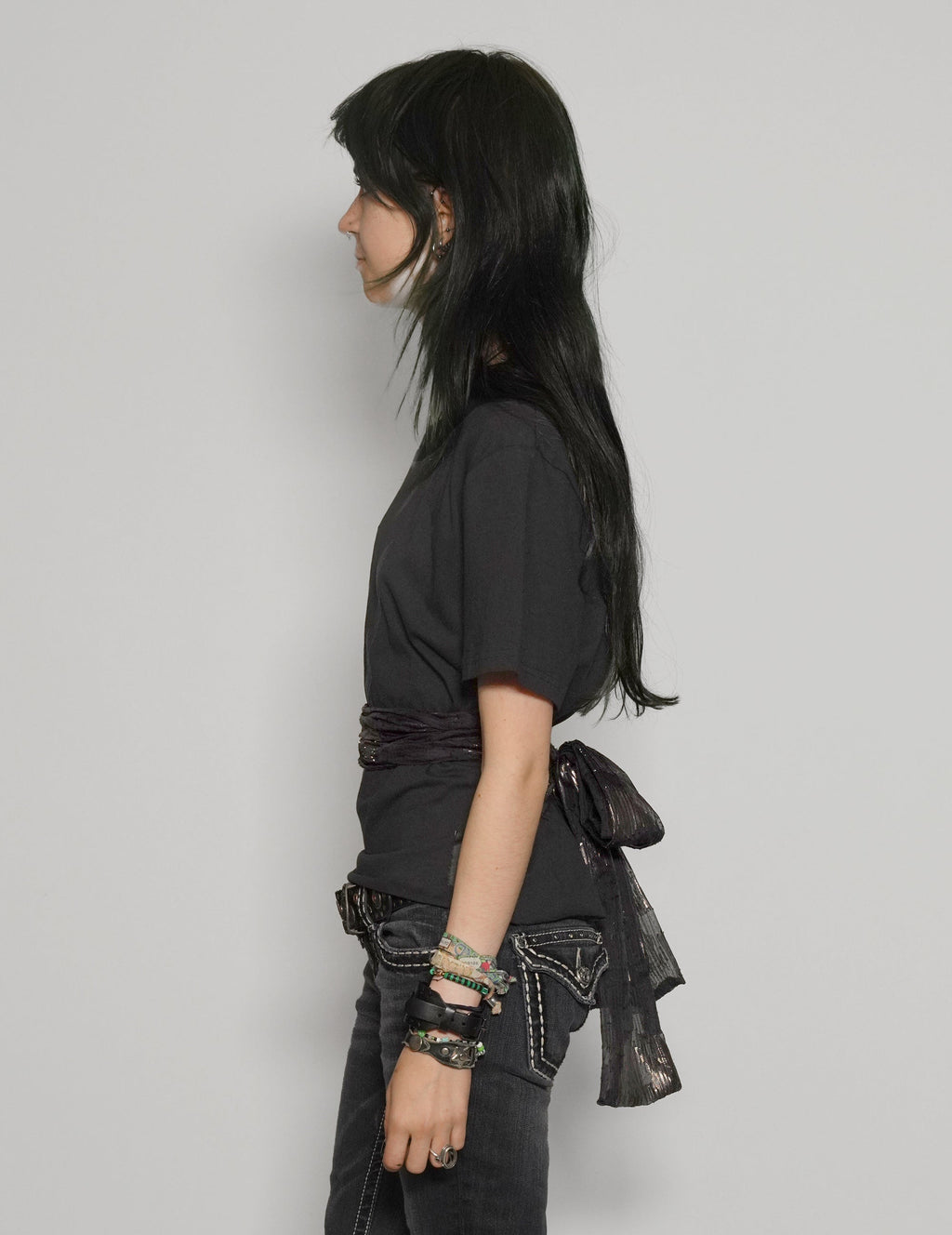 Black Cropped Tee with Silk Tie Detail