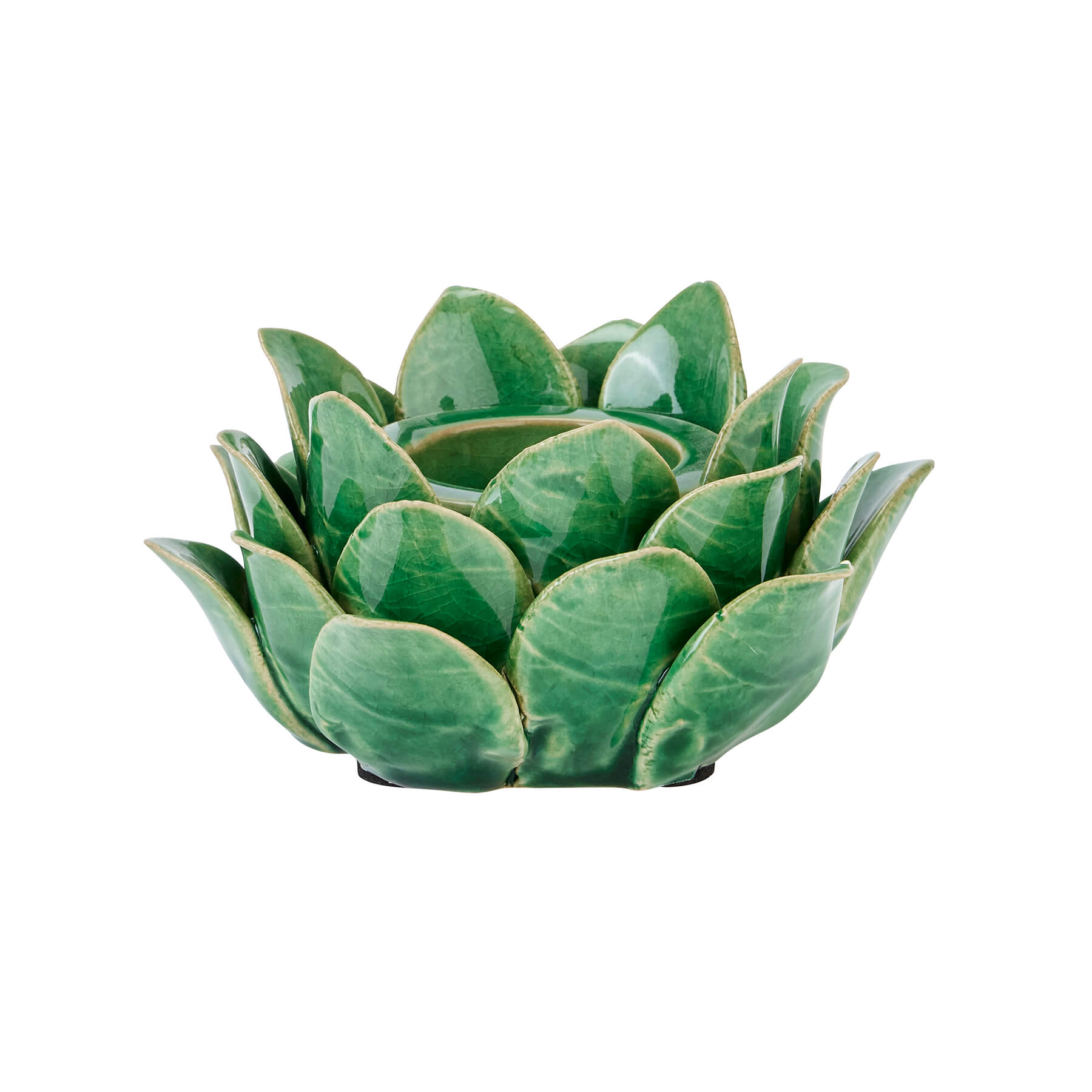 Handcrafted ceramic tea light holder with artichoke cutouts in rich green glaze, casting intricate shadow patterns. by RoomLondon at brixbailey.com