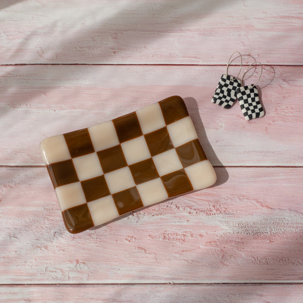 Chequered Dual Coloured Small Glass Tray 12x7cm
