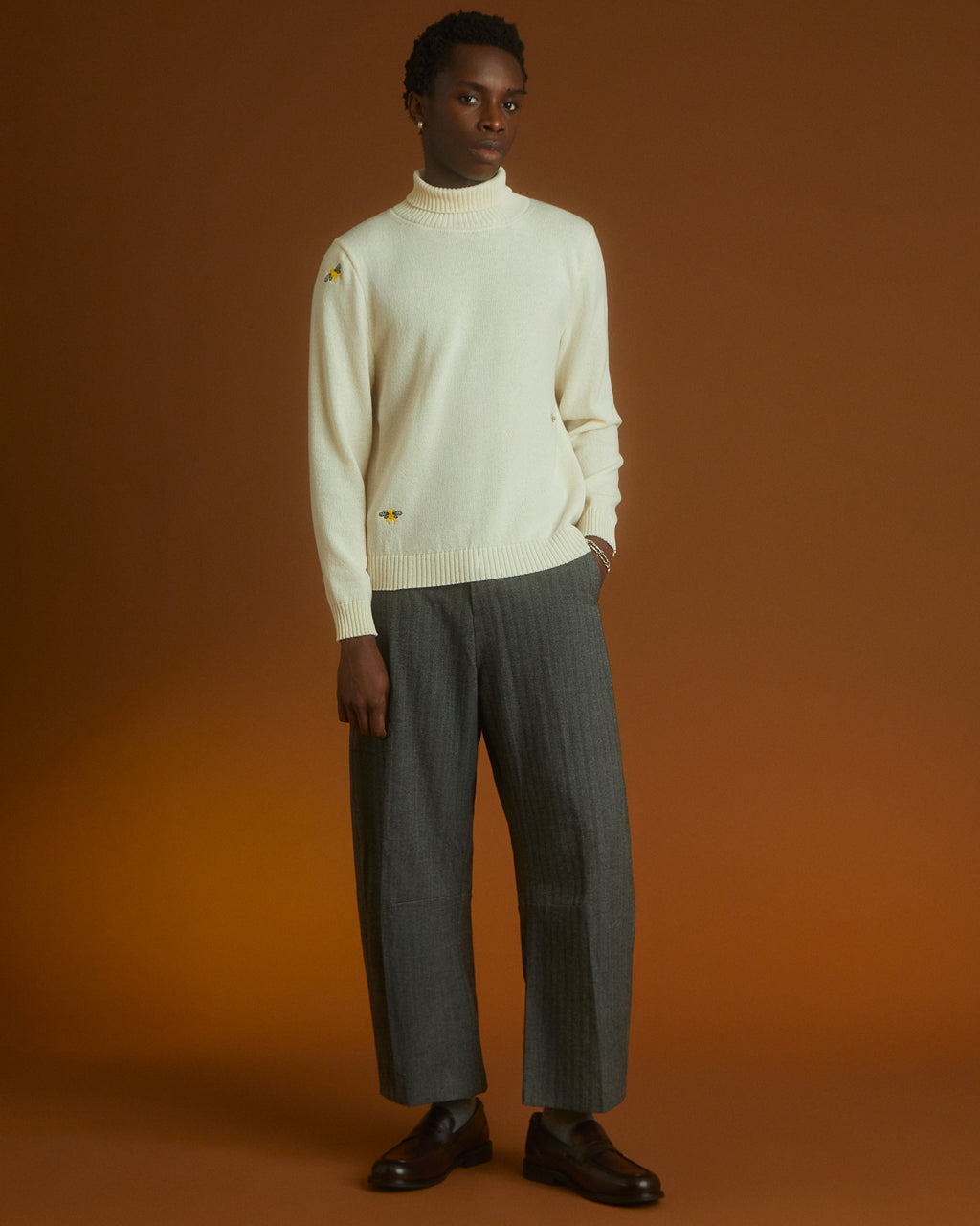 Bee Embroidered Wool and Cashmere Rollneck in Cream