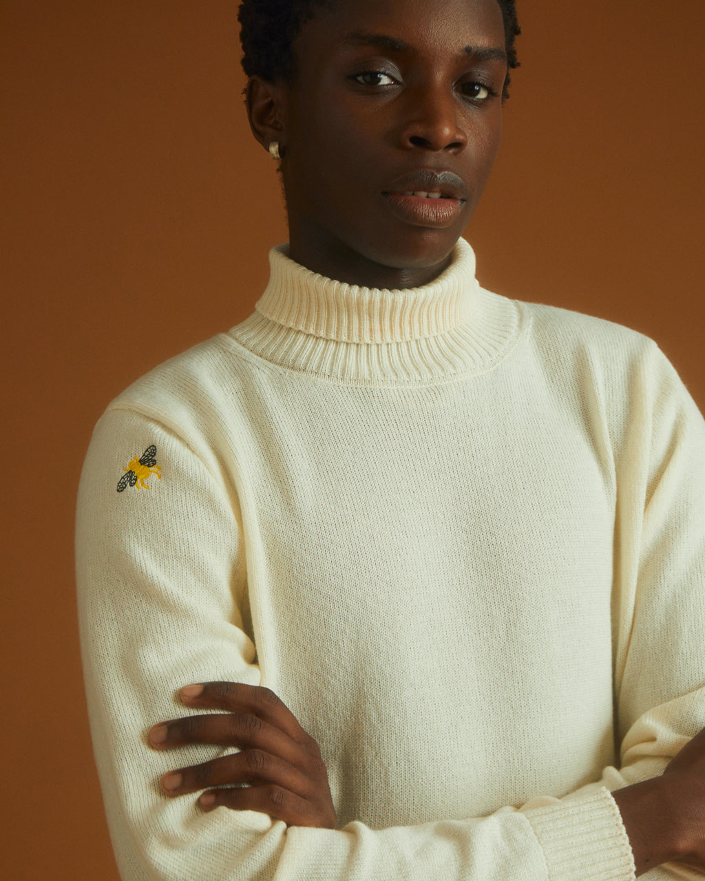 Bee Embroidered Wool and Cashmere Rollneck in Cream