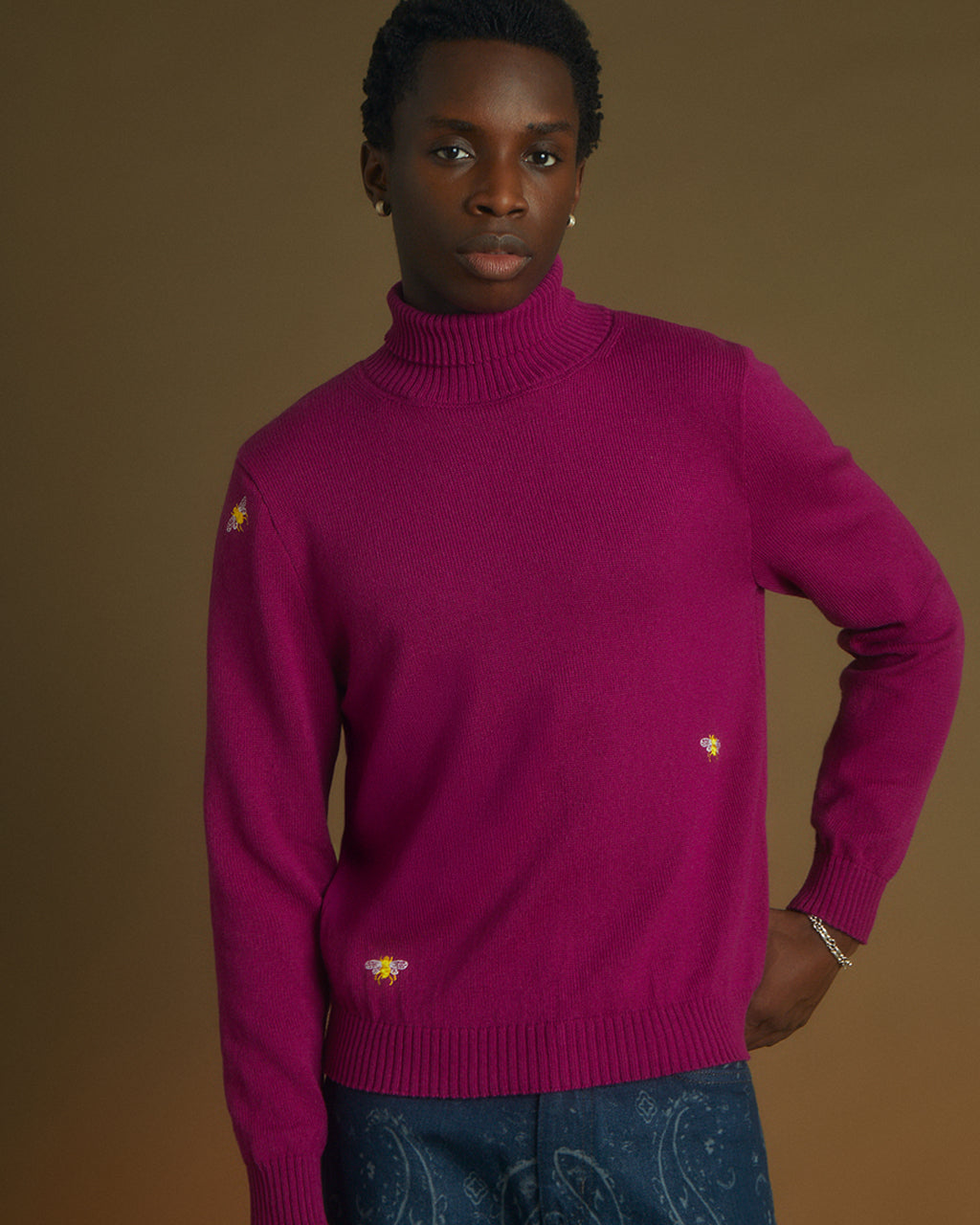Purple Wool Cashmere Rollneck with Embroidered Bees