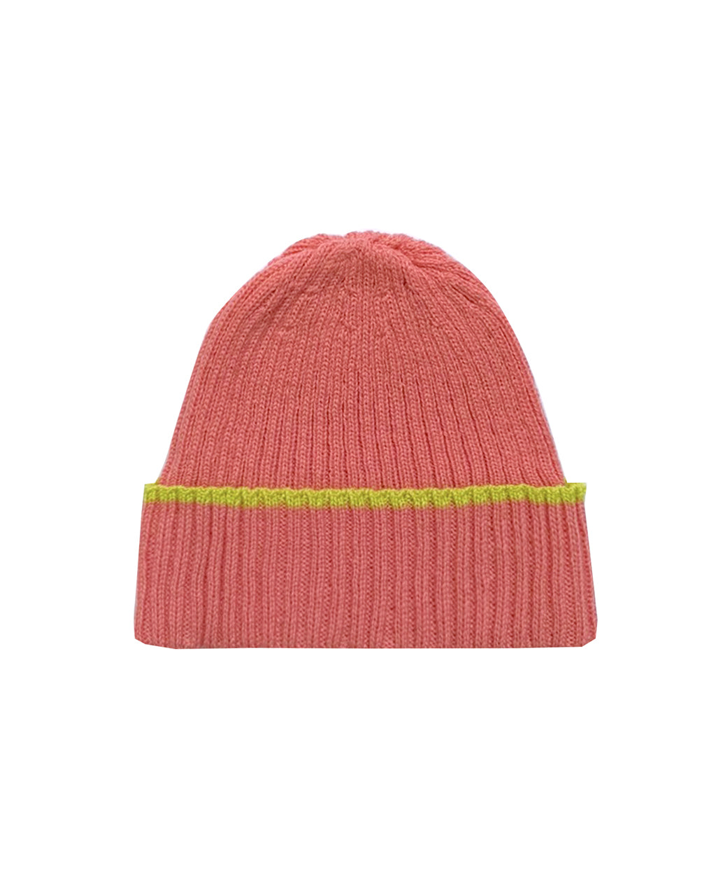 Ribbed Wool and Cashmere Beanie in Pink with Yellow Stripe