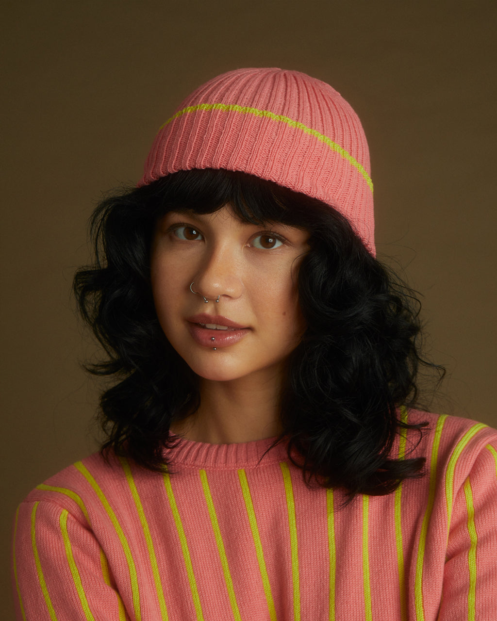 Ribbed Wool and Cashmere Beanie in Pink with Yellow Stripe