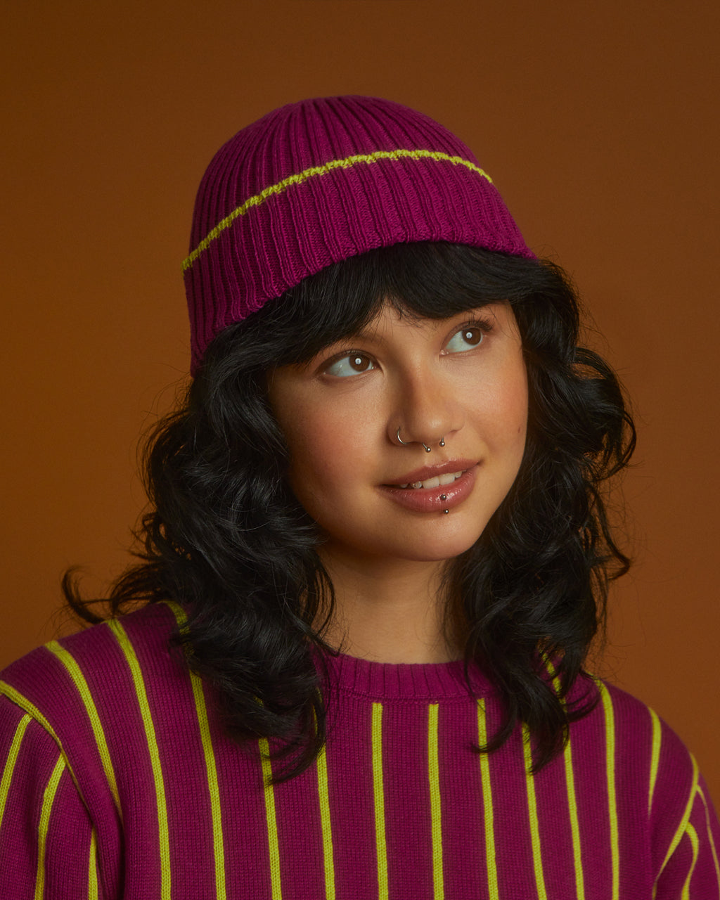 Ribbed Wool and Cashmere Beanie in Purple and Yellow