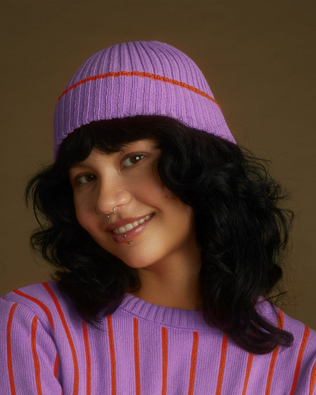 Ribbed Wool and Cashmere Beanie in Lilac and Orange